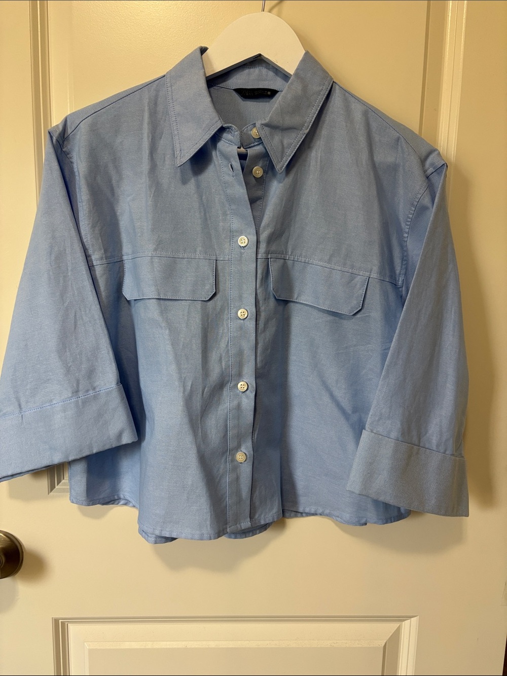 Zara Light Blue Cropped Button-Down Shirt with Chest Flaps